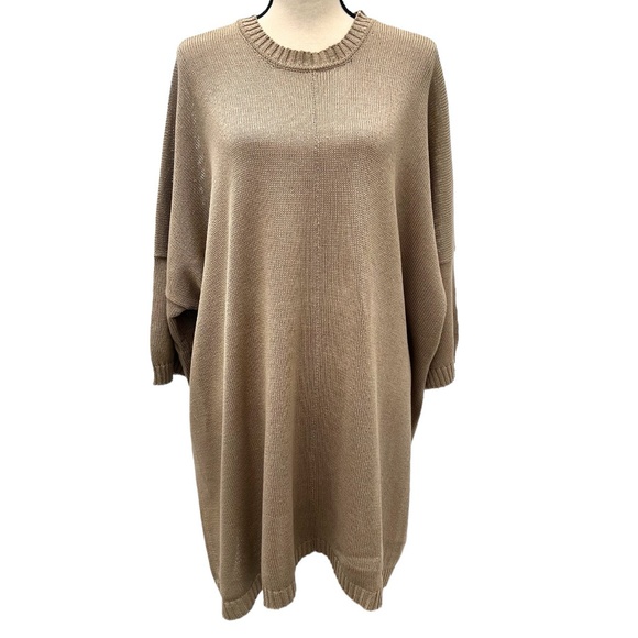 ESKANDAR TAUPE BEIGE MERCERIZED COTTON RIBBON SHORT SLEEVE TUNIC SWEATER - Picture 1 of 12
